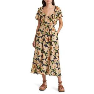 The Great Womens Parish Floral Ruffle Silk Midi DressVictorian Rose Print Size 2